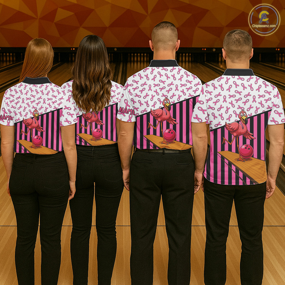 Pink ribbon pattern funny flamingo Bowling shirts for Men Custom breast cancer Team bowling outfit NQS11245