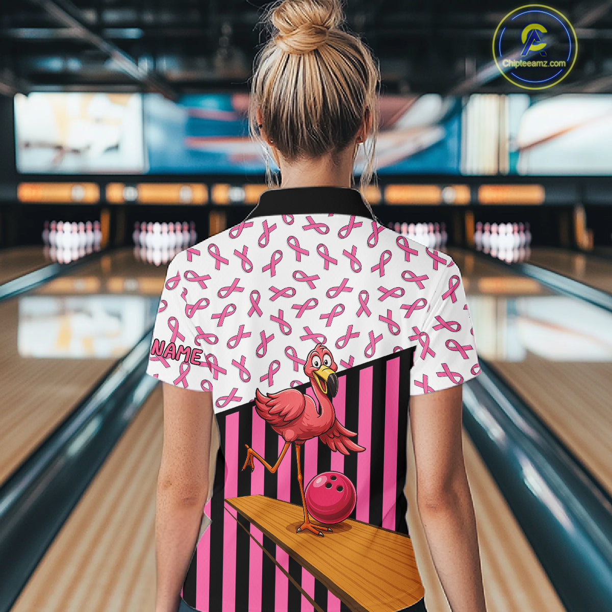 Pink ribbon pattern funny flamingo Bowling shirts for Women Custom breast cancer Team bowling outfit NQS11245