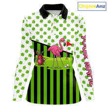 Load image into Gallery viewer, Green shamrock pattern flamingo Women golf polo shirts Custom St Patrick's Day golf outfit for ladies NQS11246