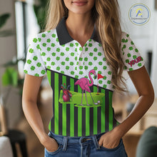 Load image into Gallery viewer, Green shamrock pattern flamingo Women golf polo shirts Custom St Patrick's Day golf outfit for ladies NQS11246