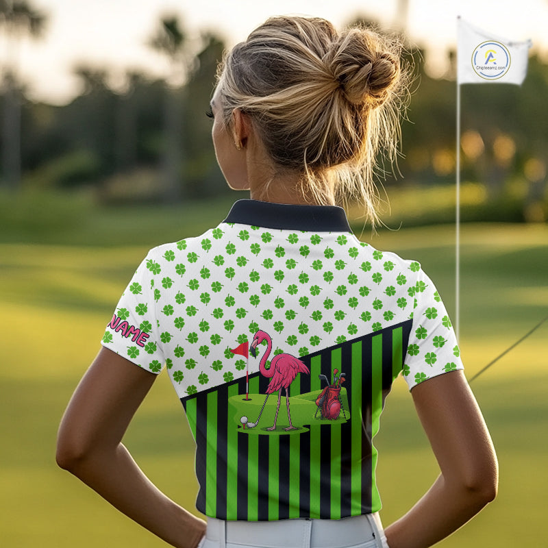 Green shamrock pattern flamingo Women golf polo shirts Custom St Patrick's Day golf outfit for ladies NQS11246