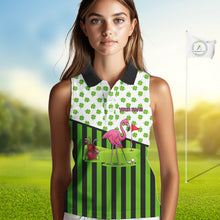 Load image into Gallery viewer, Green shamrock pattern flamingo Women's sleeveless polo shirt Custom St Patrick's Day golf outfit NQS11246