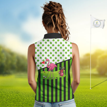 Green shamrock pattern flamingo Women's sleeveless polo shirt Custom St Patrick's Day golf outfit NQS11246