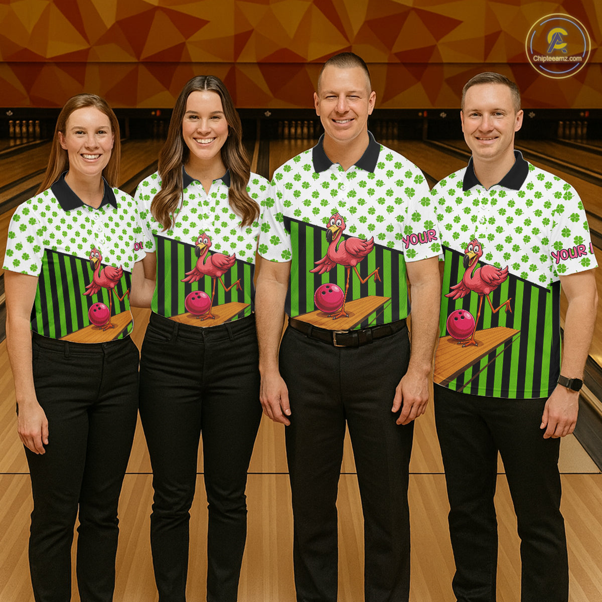 Green shamrock pattern flamingo Bowling shirts for Men Custom St Patrick's Day Team bowling outfit NQS11247