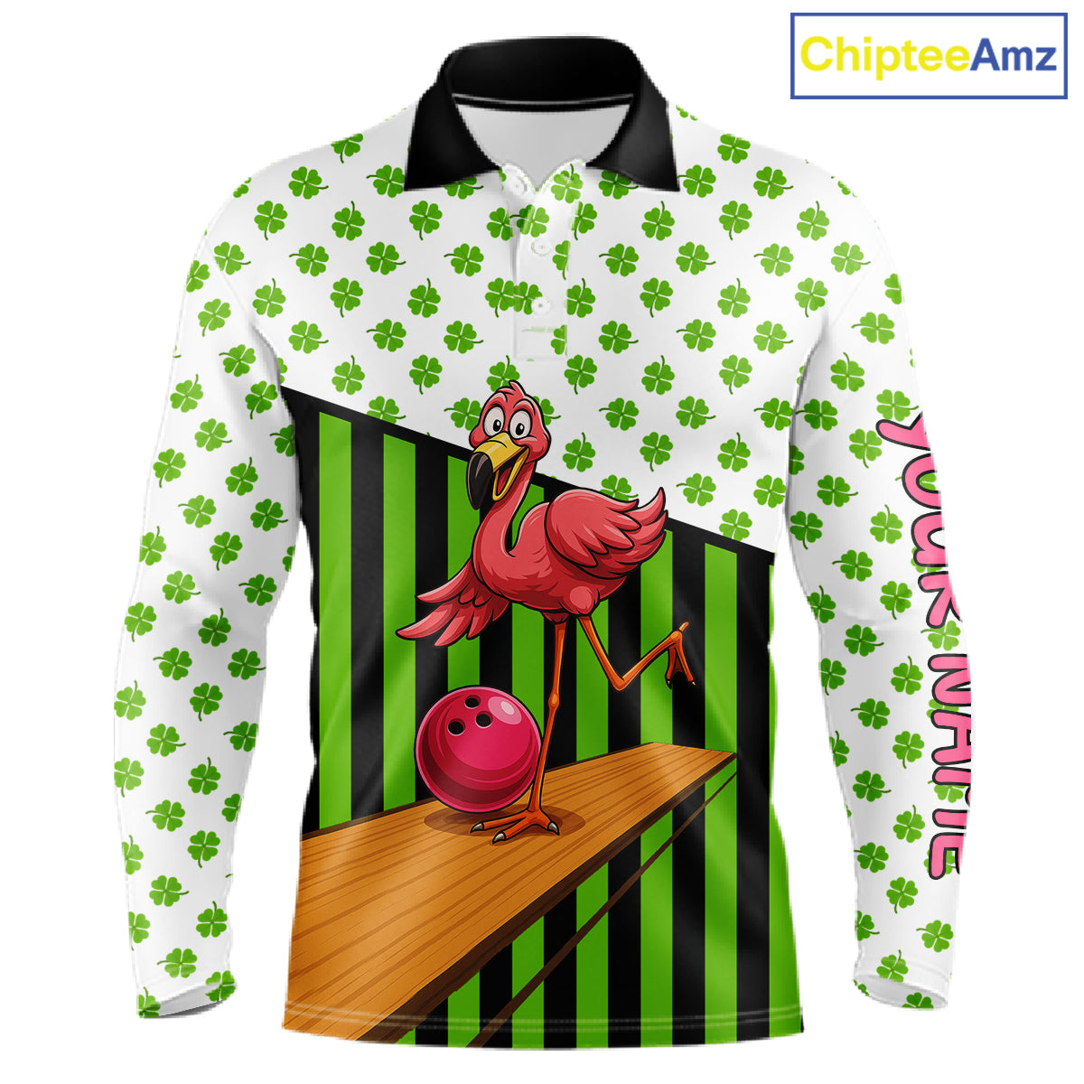 Green shamrock pattern flamingo Bowling shirts for Men Custom St Patrick's Day Team bowling outfit NQS11247