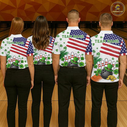 American Flag St Patrick's Day Clover Bowling polo, 1/4 zip shirt for men Custom team bowling jersey NQS11452