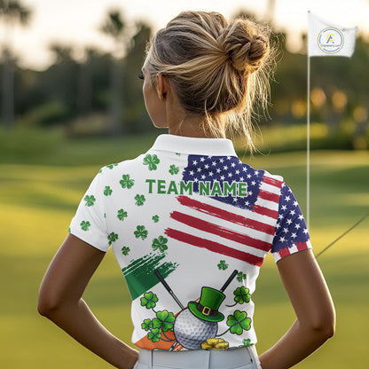 American Flag St Patrick's Day Clover Golf Polo shirts for Women Custom patriotic ladies golf tops NQS11453