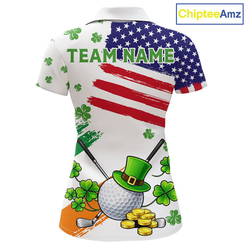 American Flag St Patrick's Day Clover Golf Polo shirts for Women Custom patriotic ladies golf tops NQS11453