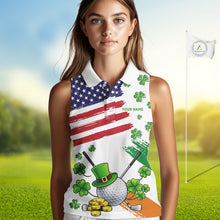 Load image into Gallery viewer, American Flag St Patrick's Day Clover Ladies Sleeveless Golf tops Custom patriotic women golf shirts NQS11453
