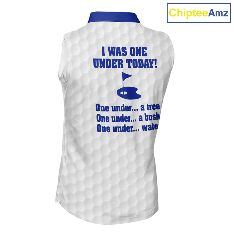Women sleeveless polo shirt Blue and white custom I was one under today, under a tree, bush, water NQS11636