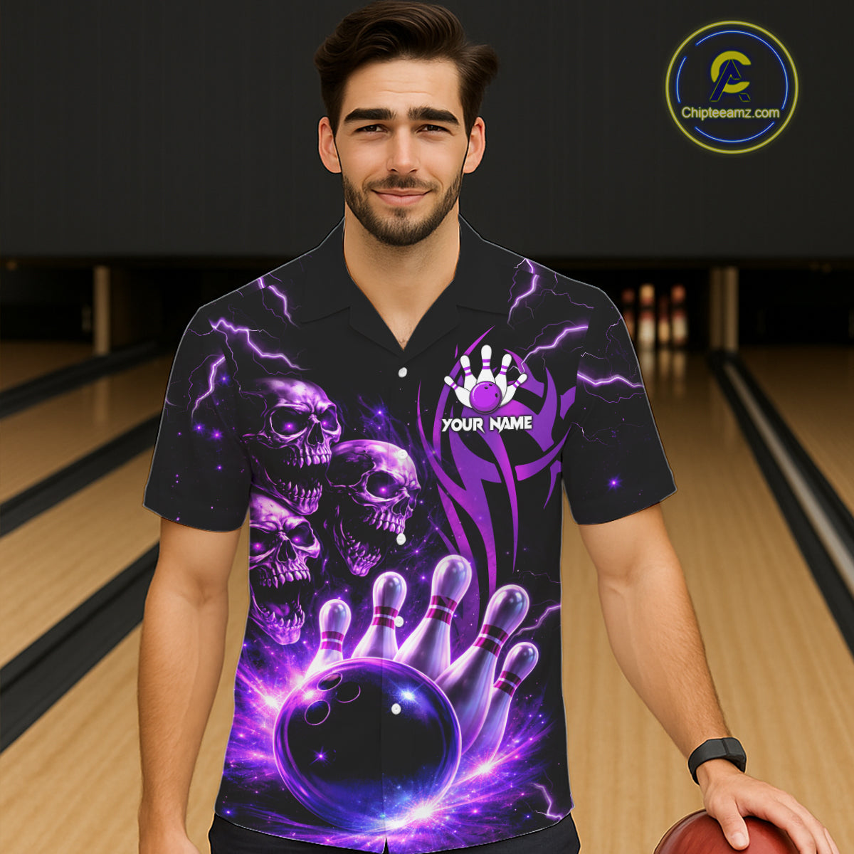 Custom Black and Purple Lightning Thunder Skull Dragon Bowling Button-up Shirts, Team Bowling Jerseys NQS11641