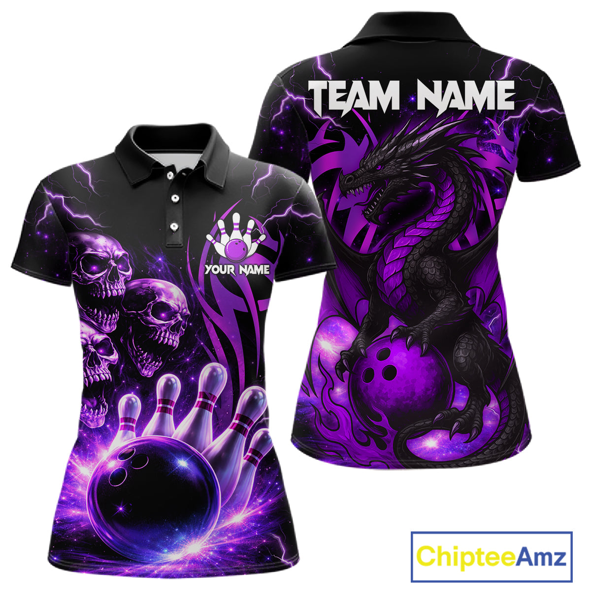 Custom Black and Purple Lightning Thunder Skull Dragon Bowling Shirts For Women, Team Bowling Jerseys NQS11641