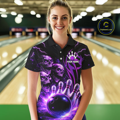 Custom Black and Purple Lightning Thunder Skull Dragon Bowling Shirts For Women, Team Bowling Jerseys NQS11641