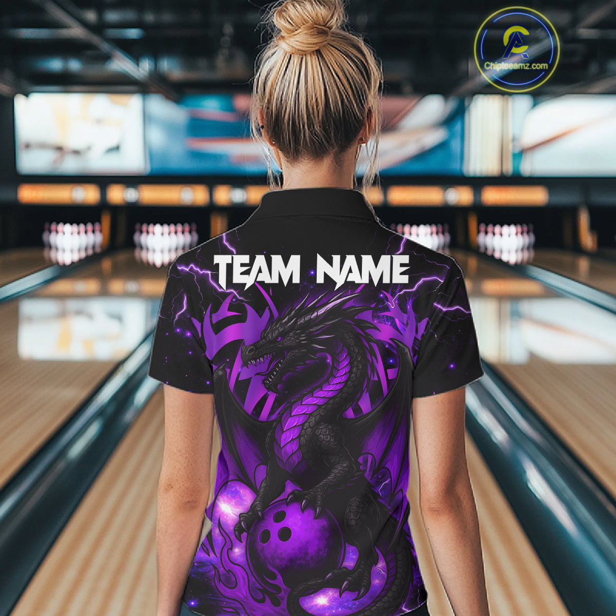 Custom Black and Purple Lightning Thunder Skull Dragon Bowling Shirts For Women, Team Bowling Jerseys NQS11641