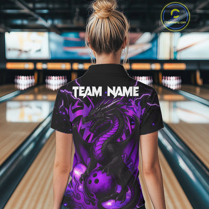 Custom Black and Purple Lightning Thunder Skull Dragon Bowling Shirts For Women, Team Bowling Jerseys NQS11641