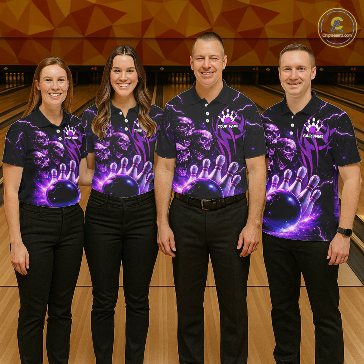 Custom Black and Purple Lightning Thunder Skull Dragon Bowling Shirts For Men, Team Bowling Jerseys NQS11641
