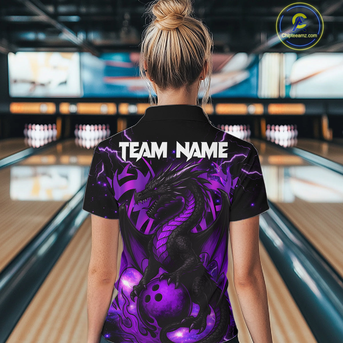 Custom Black and Purple Lightning Thunder Skull Dragon Bowling Shirts For Women, Team Bowling Jerseys NQS11641