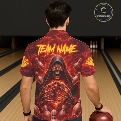 Red Lightning Thunder Skull Reaper Bowling Hawaiian Shirt Custom Team Bowling Button-up Shirt NQS11642