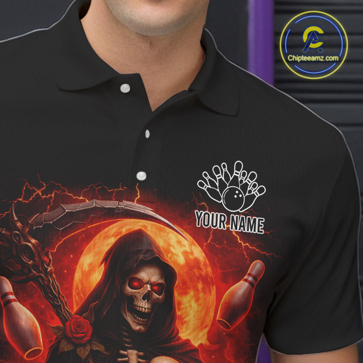 Black & Orange Lightning Thunder Moon Reaper Bowling Shirts For Men Custom Skull Team Bowling Jerseys NQS11643