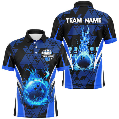 Blue triangle pattern flame bowling ball pins custom Men Bowling Polo Shirts, team bowling jerseys NQS7464