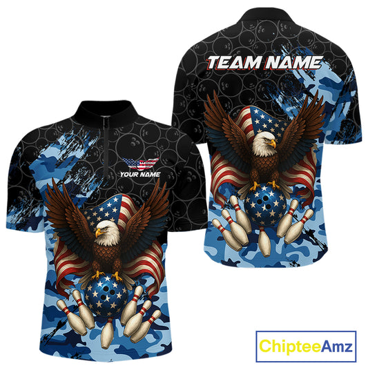 Black and Blue Camo American Flag Eagle Bowling Shirts For Men Custom Patriotic Team Bowling Jersey NQS10644