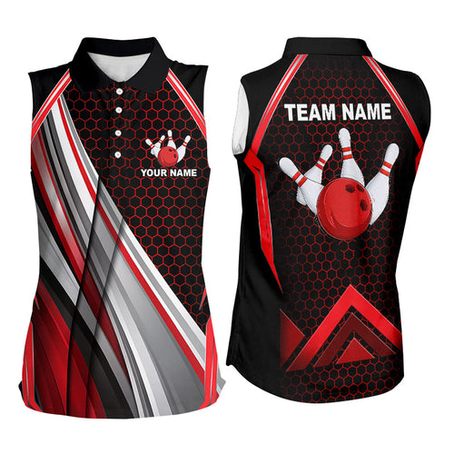 Black and Red Bowling Sleeveless Polo Shirts Custom Bowling Team League Jersey, Gift For Bowlers NQS8706