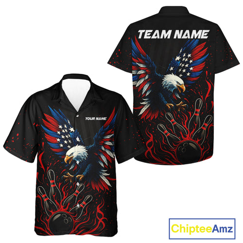 Black and Red Flame American Flag Eagle Bowling Hawaiian Shirt Custom Patriotic Bowling Team Shirt NQS10878