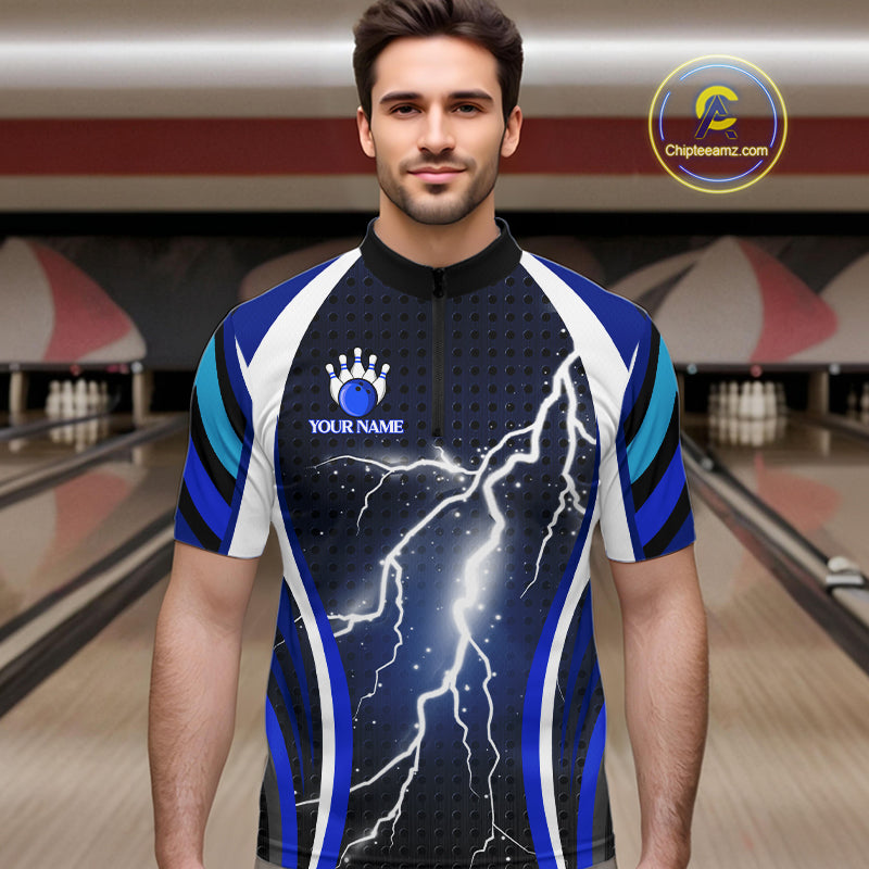 Blue Lightning Thunder Bowling Shirts For Men Custom Bowling Jerseys Men, Best Bowling Shirts NQS10879