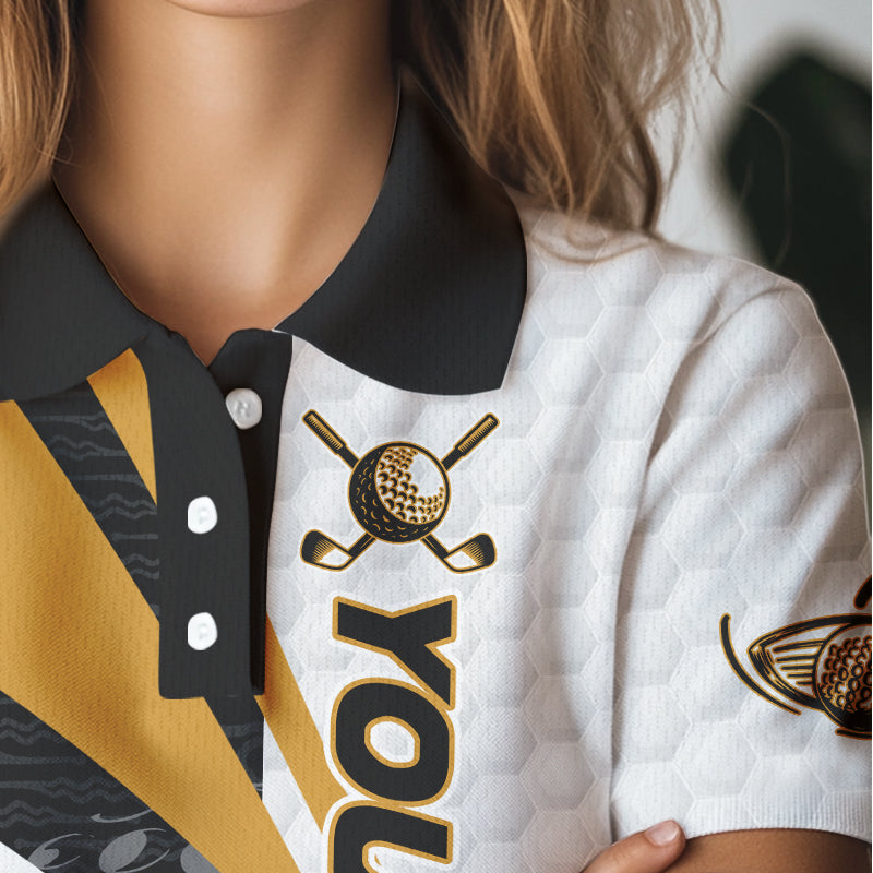 Black and White Women golf polo shirts Customize name golf attire for team | Yellow NQS9528
