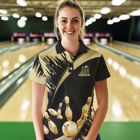 Personalized Black and Gold Bowling Polo, Quarter Zip Shirts For Women Custom Bowling Team Jersey NQS9531