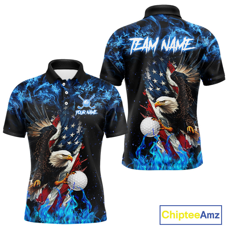 Blue Flame American Flag Eagle golf polo shirts for Men Custom patriotic mens golf outfit NQS11644