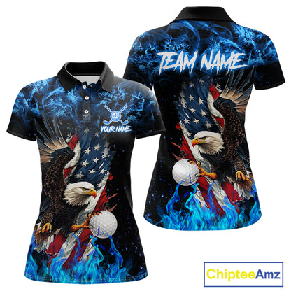 Blue Flame American Flag Eagle golf polo shirts for Women Custom patriotic ladies golf outfit NQS11644