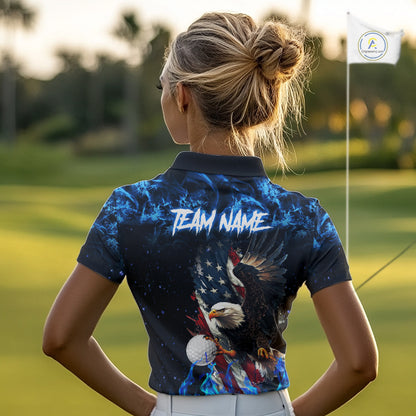 Blue Flame American Flag Eagle golf polo shirts for Women Custom patriotic ladies golf outfit NQS11644