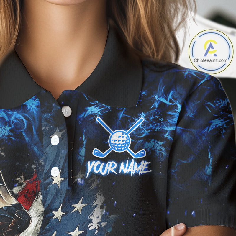 Blue Flame American Flag Eagle golf polo shirts for Women Custom patriotic ladies golf outfit NQS11644