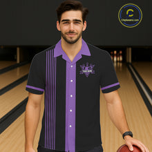 Load image into Gallery viewer, Custom Black and Purple American Flag Retro Bowling Team Hawaiian Shirts, Patriotic Bowling Outfits NQS11650