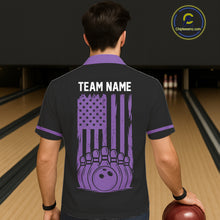 Load image into Gallery viewer, Custom Black and Purple American Flag Retro Bowling Team Hawaiian Shirts, Patriotic Bowling Outfits NQS11650