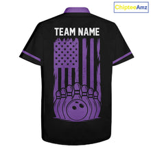 Load image into Gallery viewer, Custom Black and Purple American Flag Retro Bowling Team Hawaiian Shirts, Patriotic Bowling Outfits NQS11650