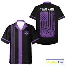 Load image into Gallery viewer, Custom Black and Purple American Flag Retro Bowling Team Hawaiian Shirts, Patriotic Bowling Outfits NQS11650