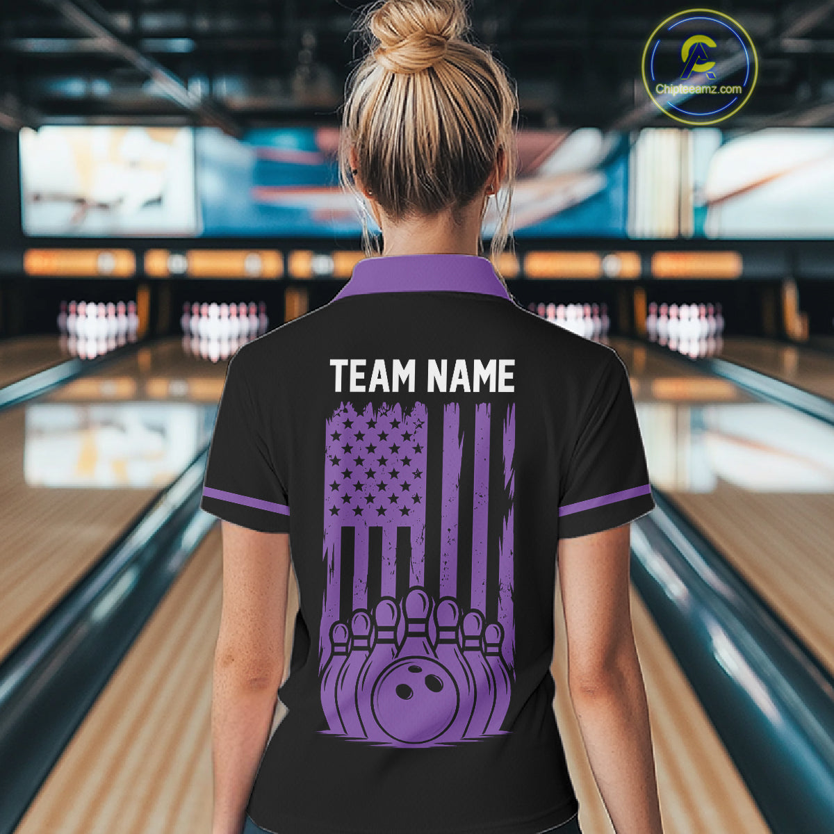 Custom Black and Purple American Flag Retro Bowling Team Shirts For Women, Patriotic Bowling Outfits NQS11650