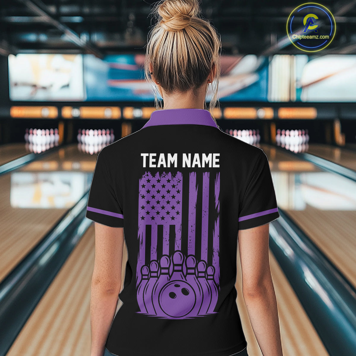 Custom Black and Purple American Flag Retro Bowling Team Shirts For Women, Patriotic Bowling Outfits NQS11650
