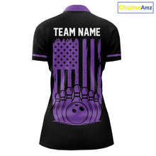 Load image into Gallery viewer, Custom Black and Purple American Flag Retro Bowling Team Shirts For Women, Patriotic Bowling Outfits NQS11650