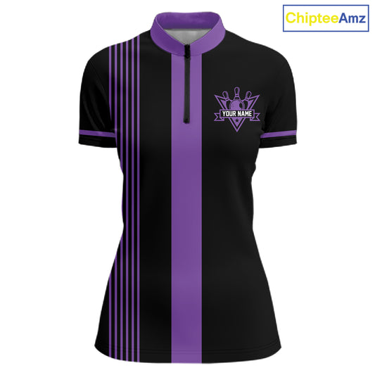 Custom Black and Purple American Flag Retro Bowling Team Shirts For Women, Patriotic Bowling Outfits NQS11650