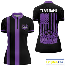 Load image into Gallery viewer, Custom Black and Purple American Flag Retro Bowling Team Shirts For Women, Patriotic Bowling Outfits NQS11650