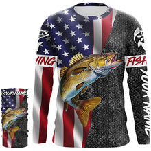 Load image into Gallery viewer, American Flag Walleye Fishing Custom long sleeve performance Fishing Shirts, Walleye Fishing jerseys NQS4925