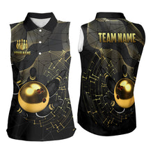 Load image into Gallery viewer, Personalized Black and Gold Women Bowling Sleeveless Polo Shirt Custom Bowling Team League Jersey NQS9688