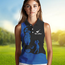 Load image into Gallery viewer, Black and Blue Women Sleeveless polo shirt customized name golf clothing, personalized golf gifts NQS9691