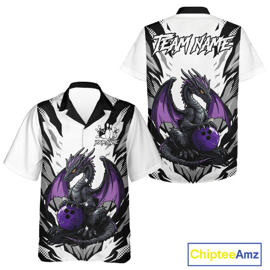 Black and White Bowling Button-up Shirts Custom Purple Dragon Bowling Team Hawaiian Jerseys NQS11740