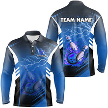 Load image into Gallery viewer, Flame bowling ball and pins lightning custom Men Bowling Polo Shirts, team bowling jerseys | Blue NQS7477