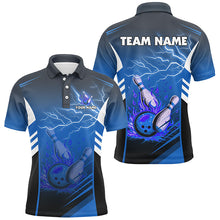 Load image into Gallery viewer, Flame bowling ball and pins lightning custom Men Bowling Polo Shirts, team bowling jerseys | Blue NQS7477