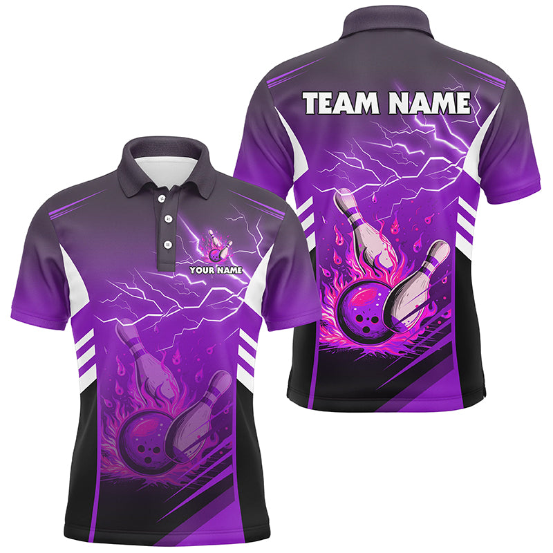 Flame bowling ball and pins lightning custom Men Bowling Polo Shirts, team bowling jerseys | Purple NQS7479